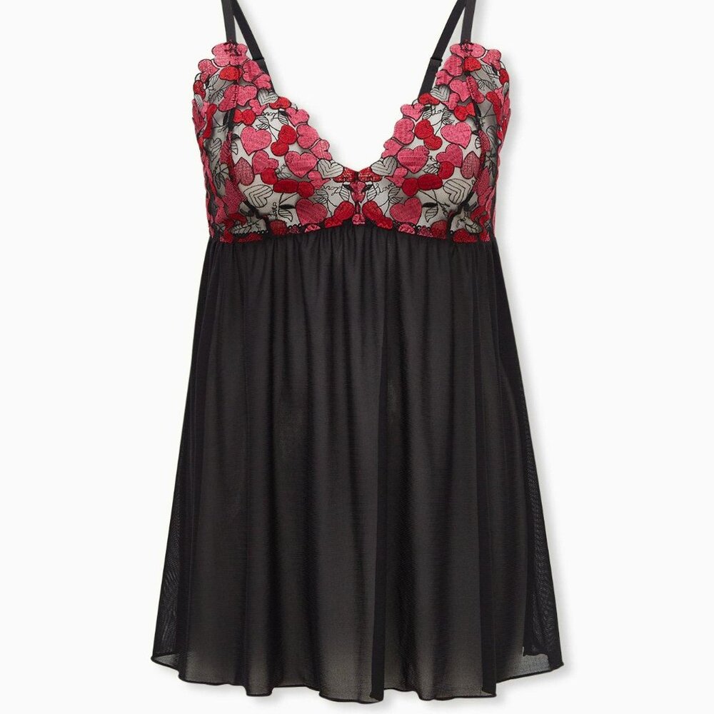 Torrid Black & Pink Heart Embroidered Mesh Babydoll - SZ 1 / 14